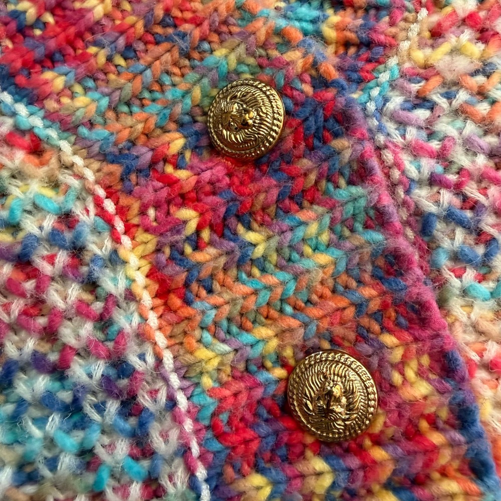 NWOT Akira Women's Rainbow Chunky Knit Fringe Cardigan Gold Button Multicolor L‎ - Picture 10 of 13